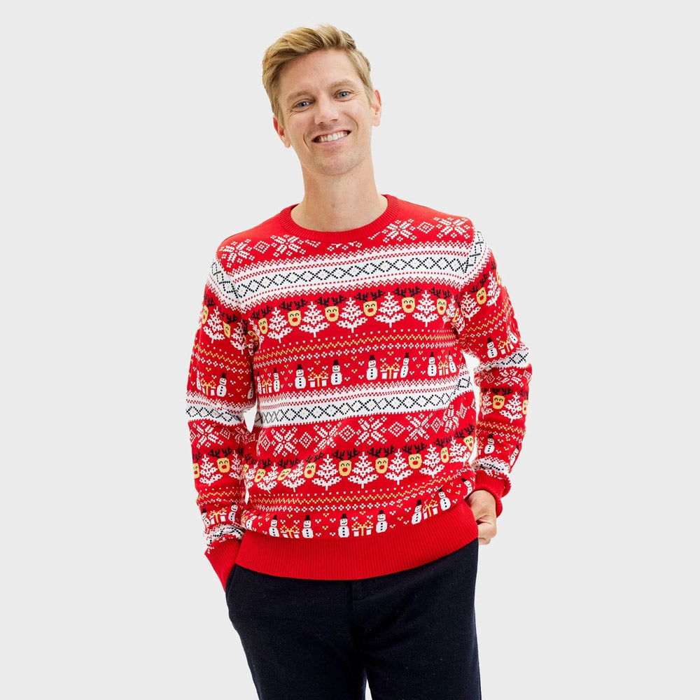 Suéter de Navidad Hombre Rojo Muñecos Nieve Cenefas Algodón Orgánico
