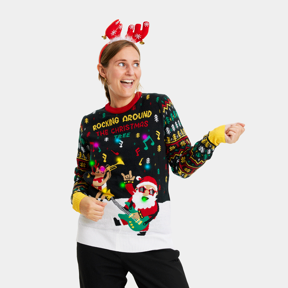 Rockero Suéter de Navidad Luces LED Mujer Santa 