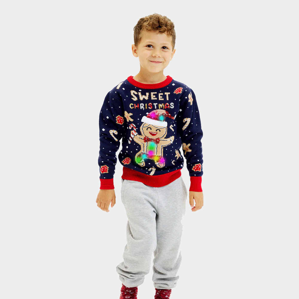 Suéter de Navidad Cookie Luces LED Niño Azul Ginger 
