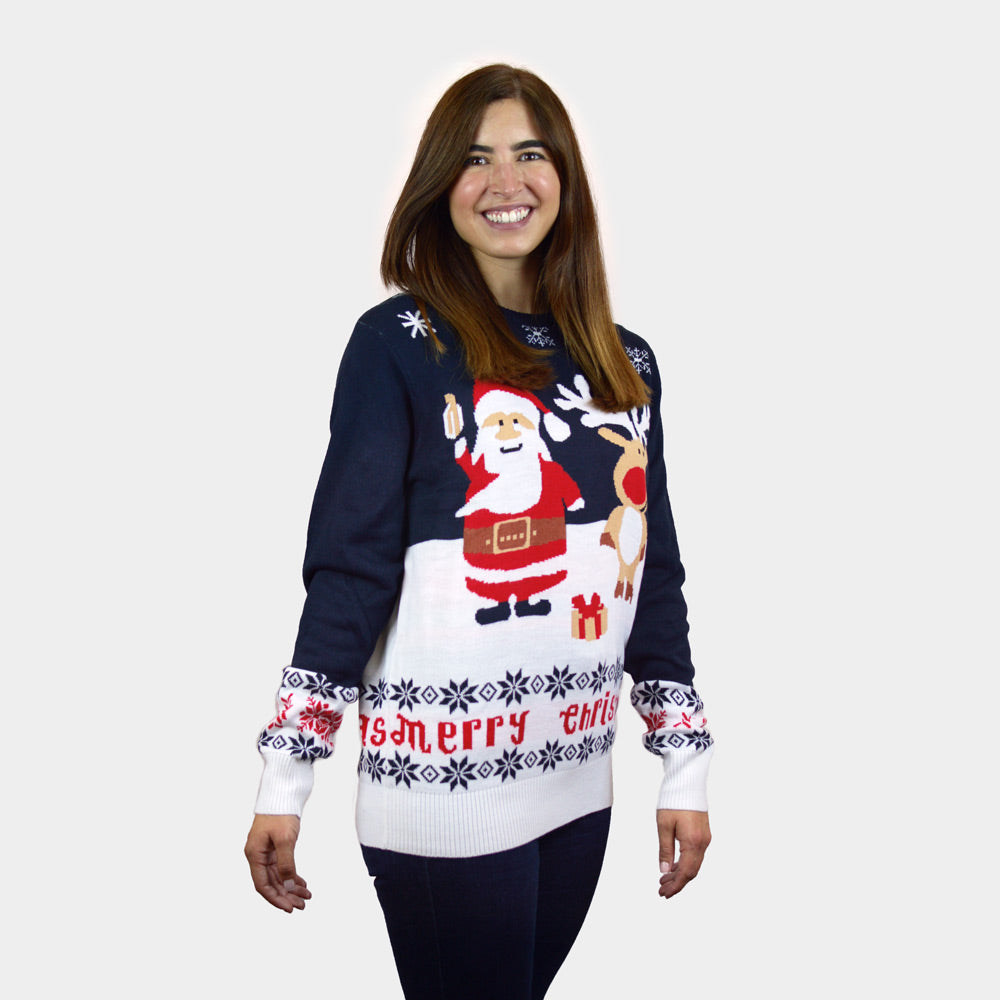 Suéter de Navidad Azul Papá Noel Reno Rudolph Algodón Orgánico para Mujer