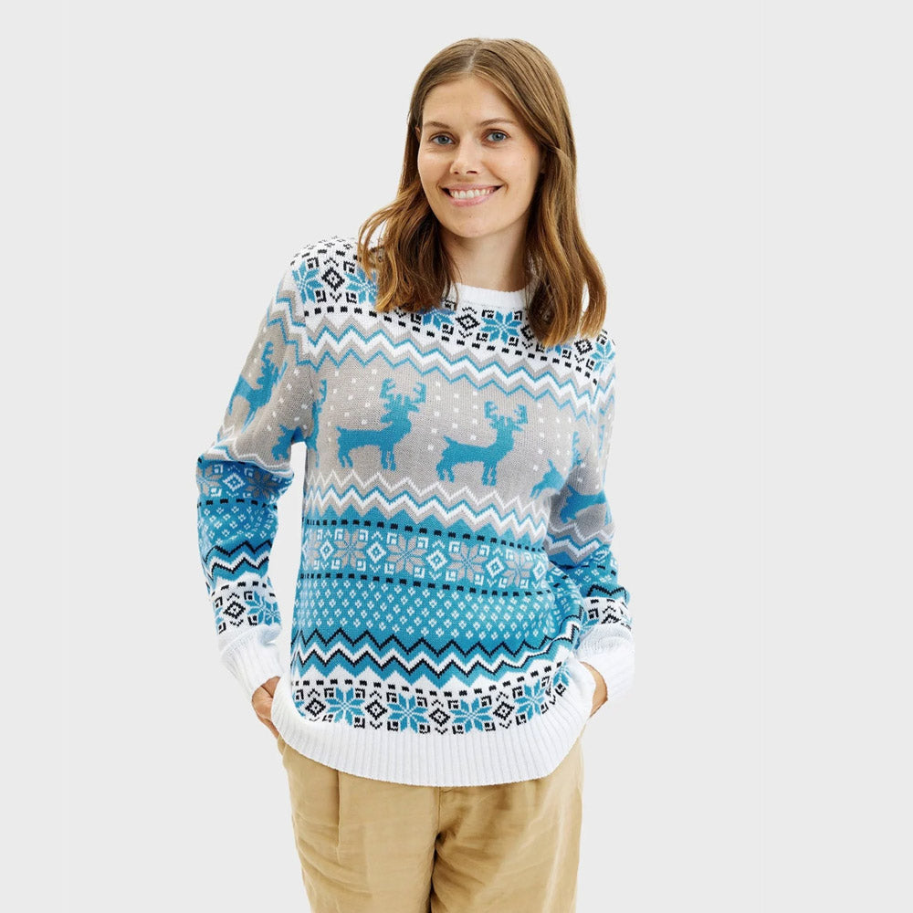 Suéter de Navidad para Mujer Blanco, Gris y Azul con Renos Elegante
