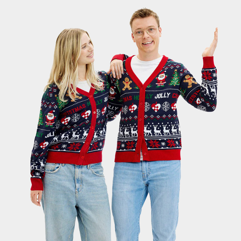 Hombre Suéter de Navidad para Mujer Cárdigan Azul y Rojo