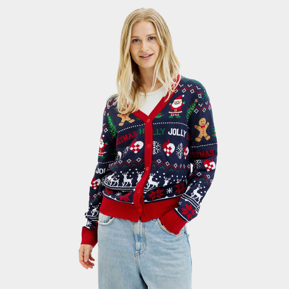 Suéter de Navidad para Mujer Cárdigan Azul y Rojo