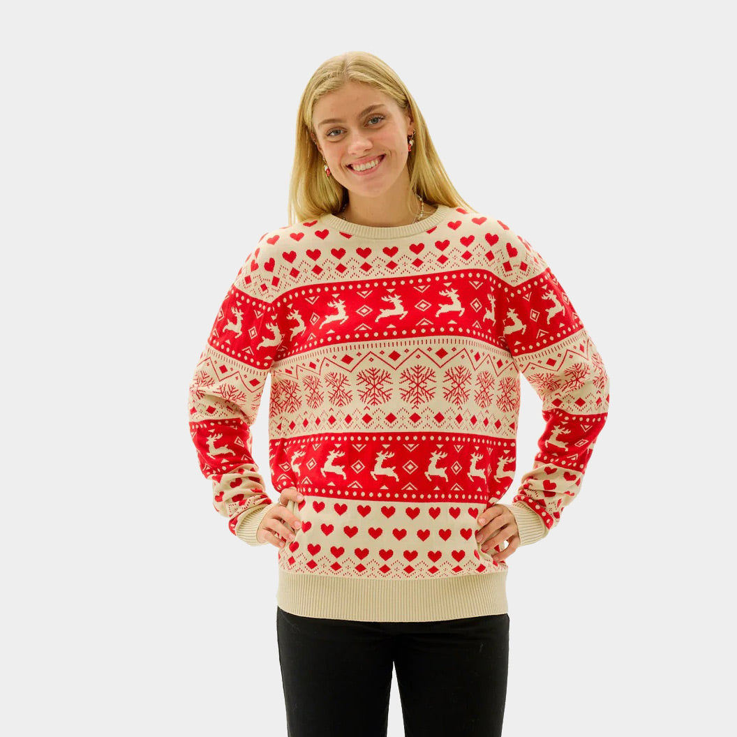 Algodón Orgánico Suéter de Navidad para Mujer Corazones Rojos y Beige 