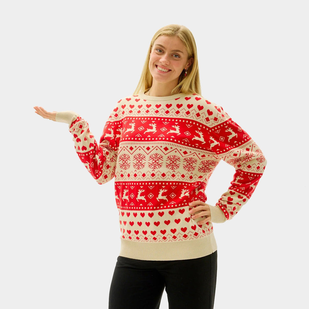 Suéter de Navidad para Mujer Corazones Rojos y Beige Algodón Orgánico