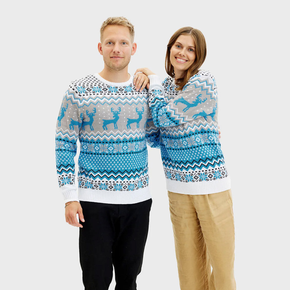 Suéter de Navidad para Mujer Hombre Blanco, Gris y Azul con Renos Elegante

