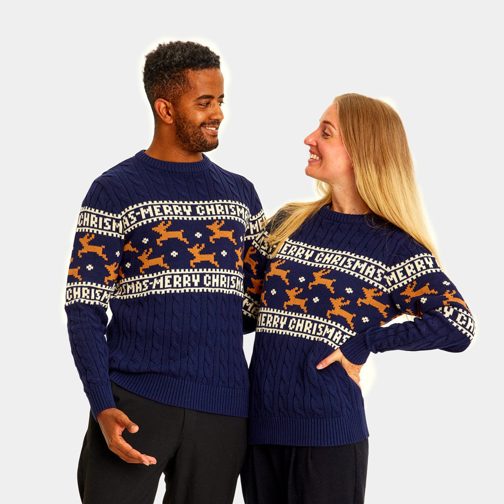 Suéter de Navidad para Mujer y Hombre Elegante Azul con Renos
