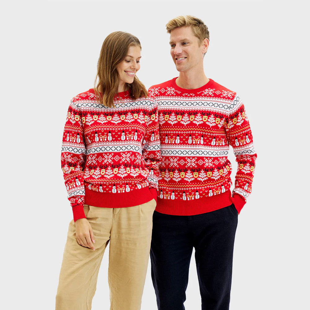 Suéter de Navidad Mujer y Hombre Rojo Muñecos Nieve Cenefas Algodón Orgánico
