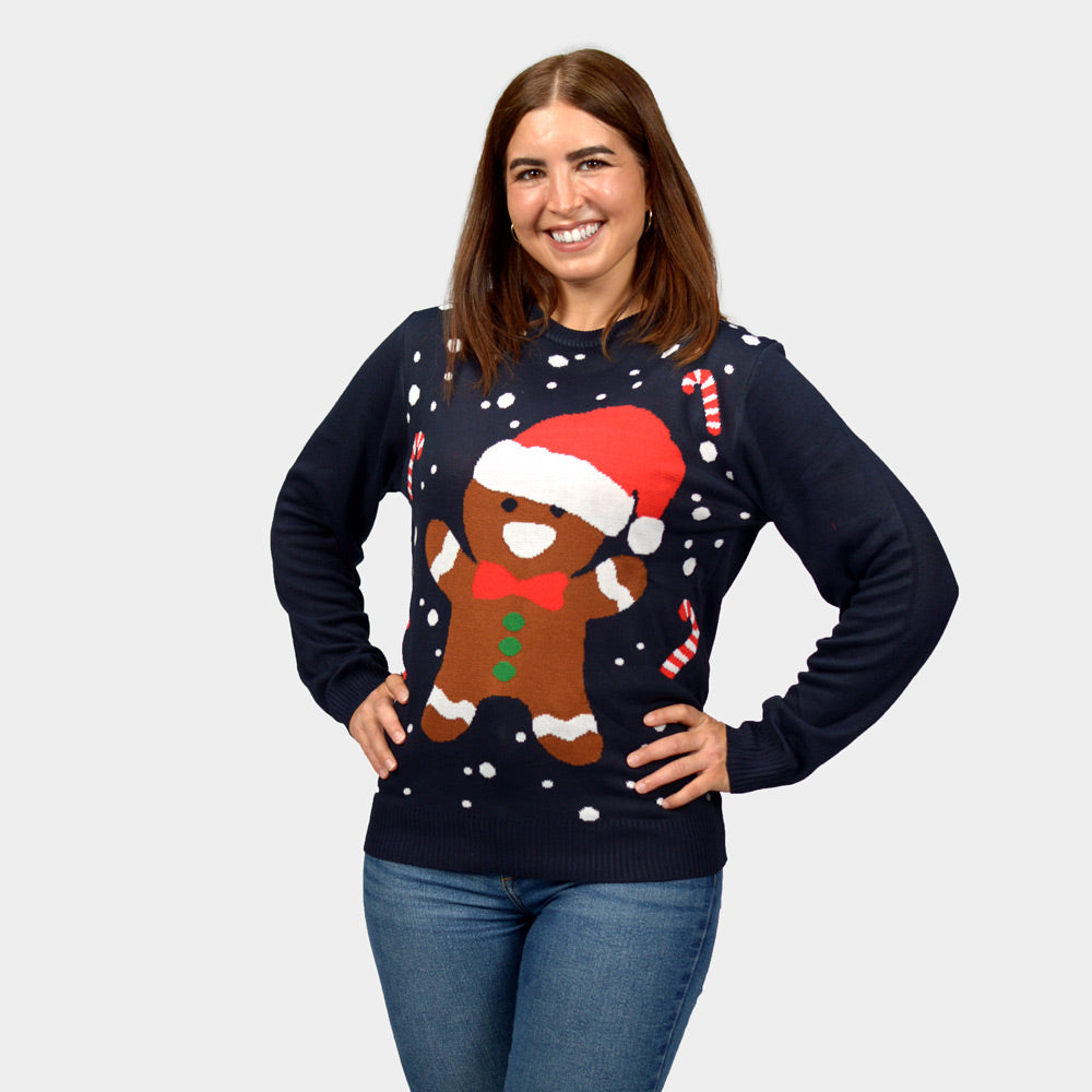Mujer Suéter de Navidad Parejas Azul Gingerbread