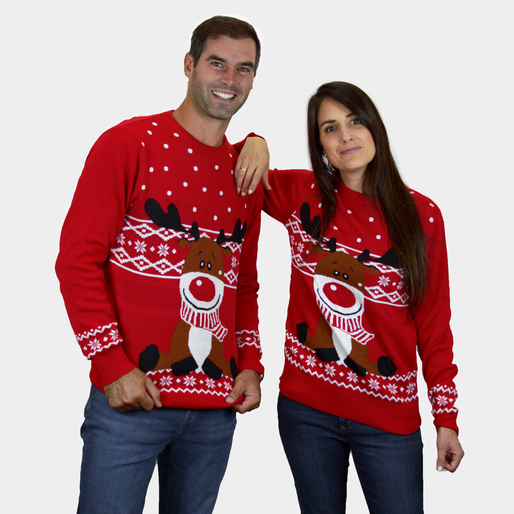 Suéter de Navidad hombre Mujer Rojo Reno Rudolph Bufanda
