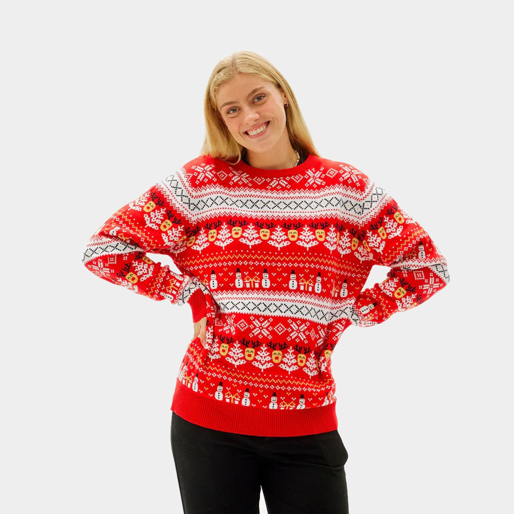 Suéter de Navidad para Mujer Rojo Muñecos de Nieve y Cenefas Algodón Orgánico