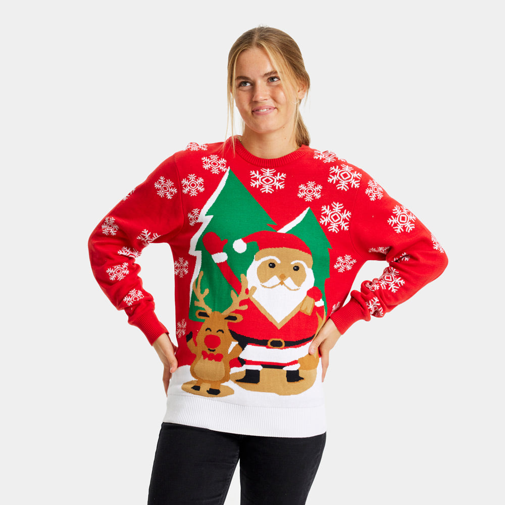 Santa Claus y Reno Saludando Suéter de Navidad para Mujer Rojo 