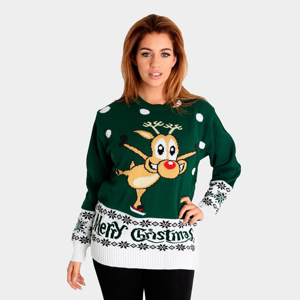 sueter de Navidad para Mujer Verde con Reno Patinando