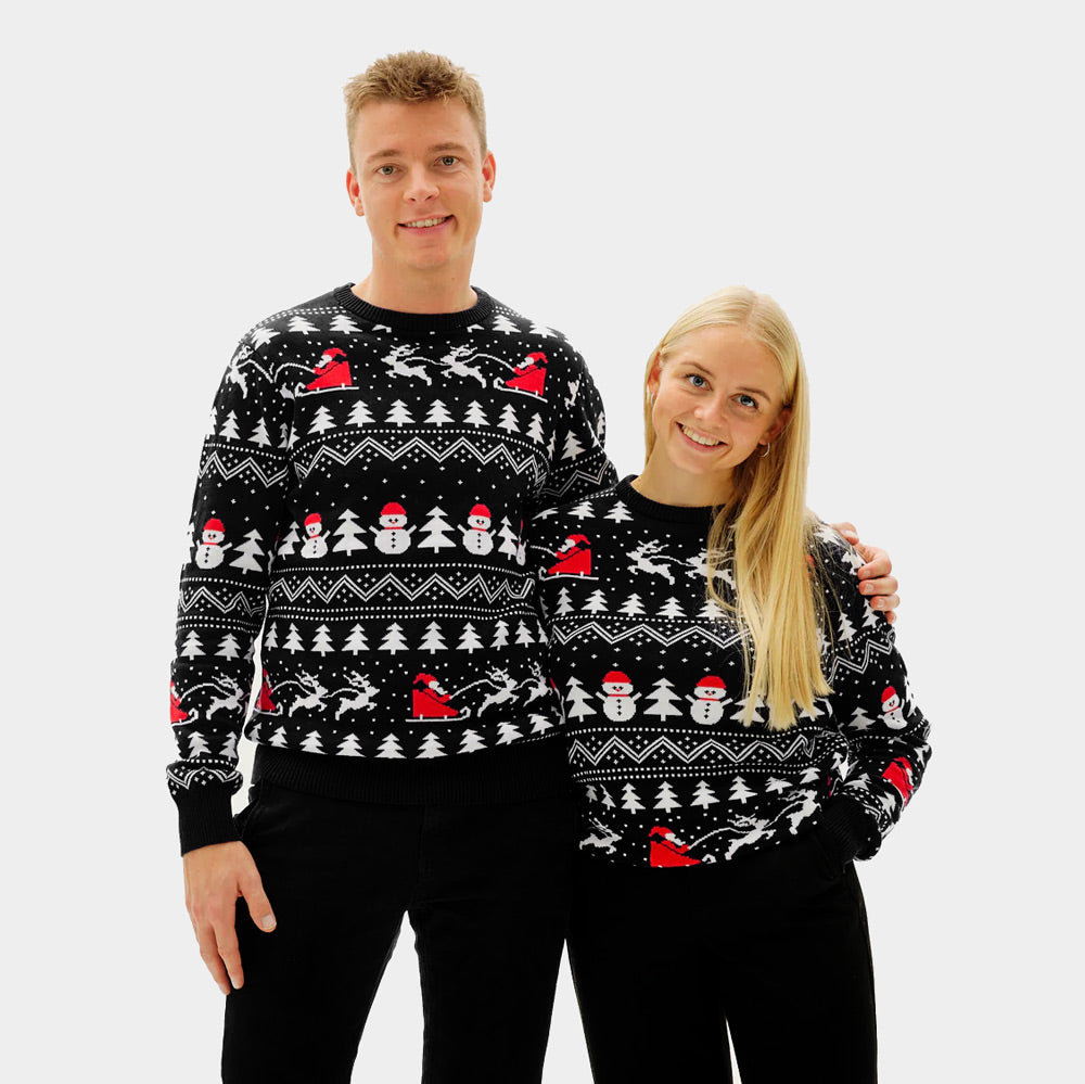 Suéter de Navidad Negro de Parejas Árboles, Muñecos y Papá Noel