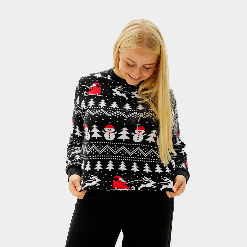 Suéter de Navidad Negro para Mujer Árboles, Muñecos y Papá Noel