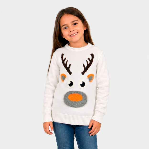 Suéter de Navidad para Niña Blanco con Reno 3D
