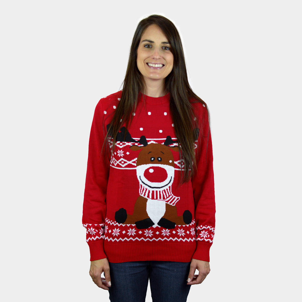 Suéter de Navidad Mujer Niña y Niño Rojo Reno Rudolph Bufanda
