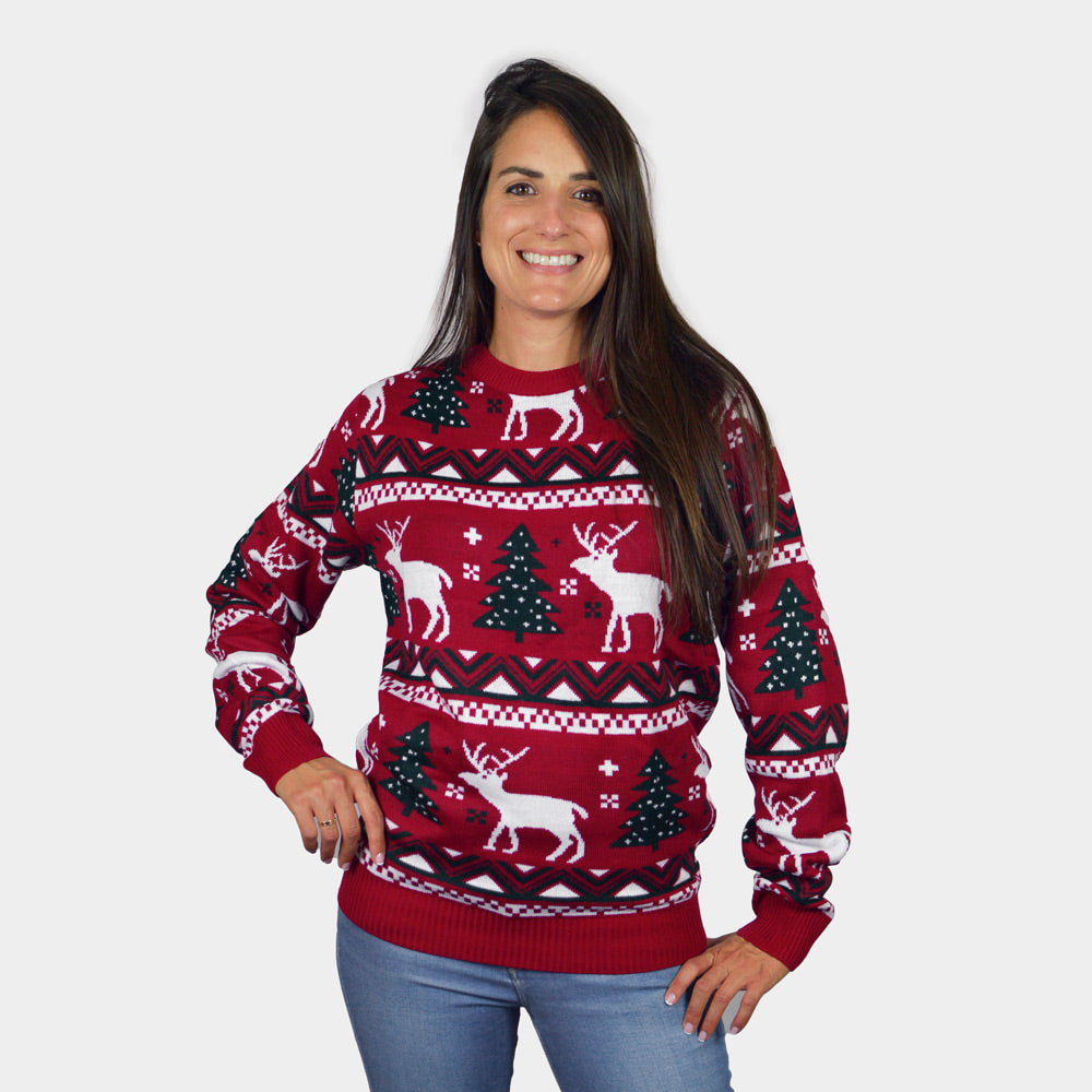 Suéter de Navidad Mujer Niña y Niño Rojo Árboles de Navidad y Renos
