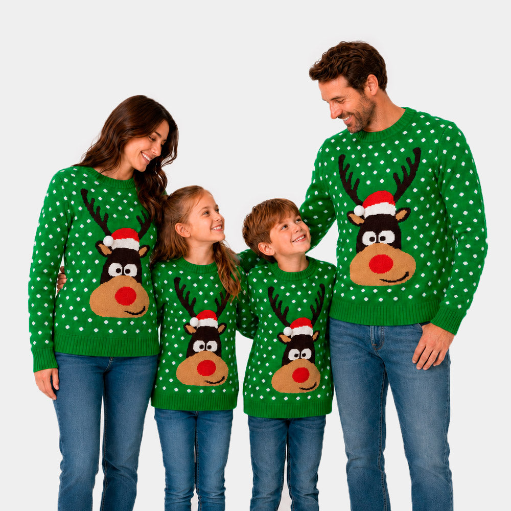 Suéter de Navidad para Niña y Niño Verde Reno con Gorro en 3D Familia