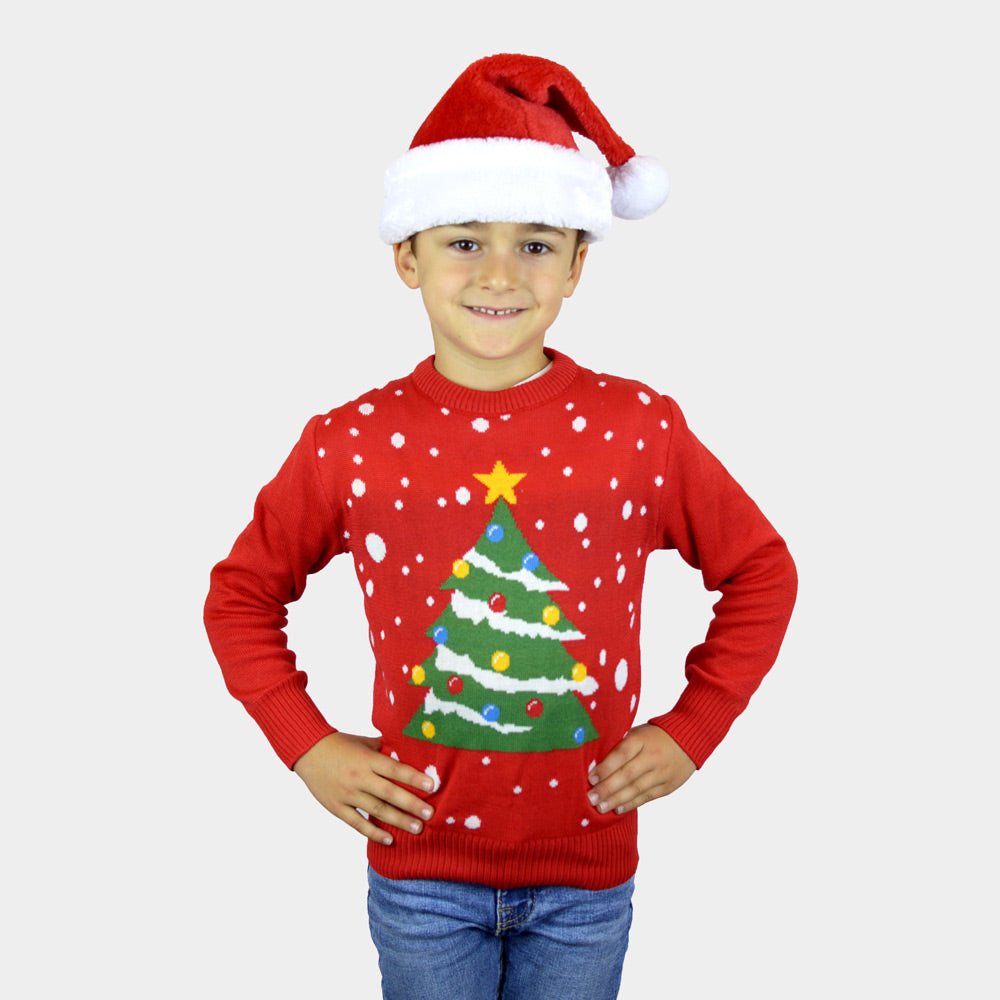 Suéter de Navidad para Niña y Niño Rojo Árbol de Navidad