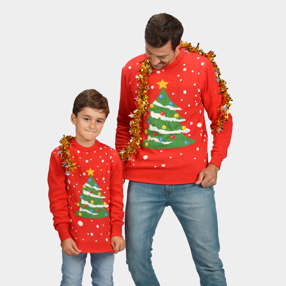 Suéter de Navidad Niño Hombre Rojo Árbol de Navidad
