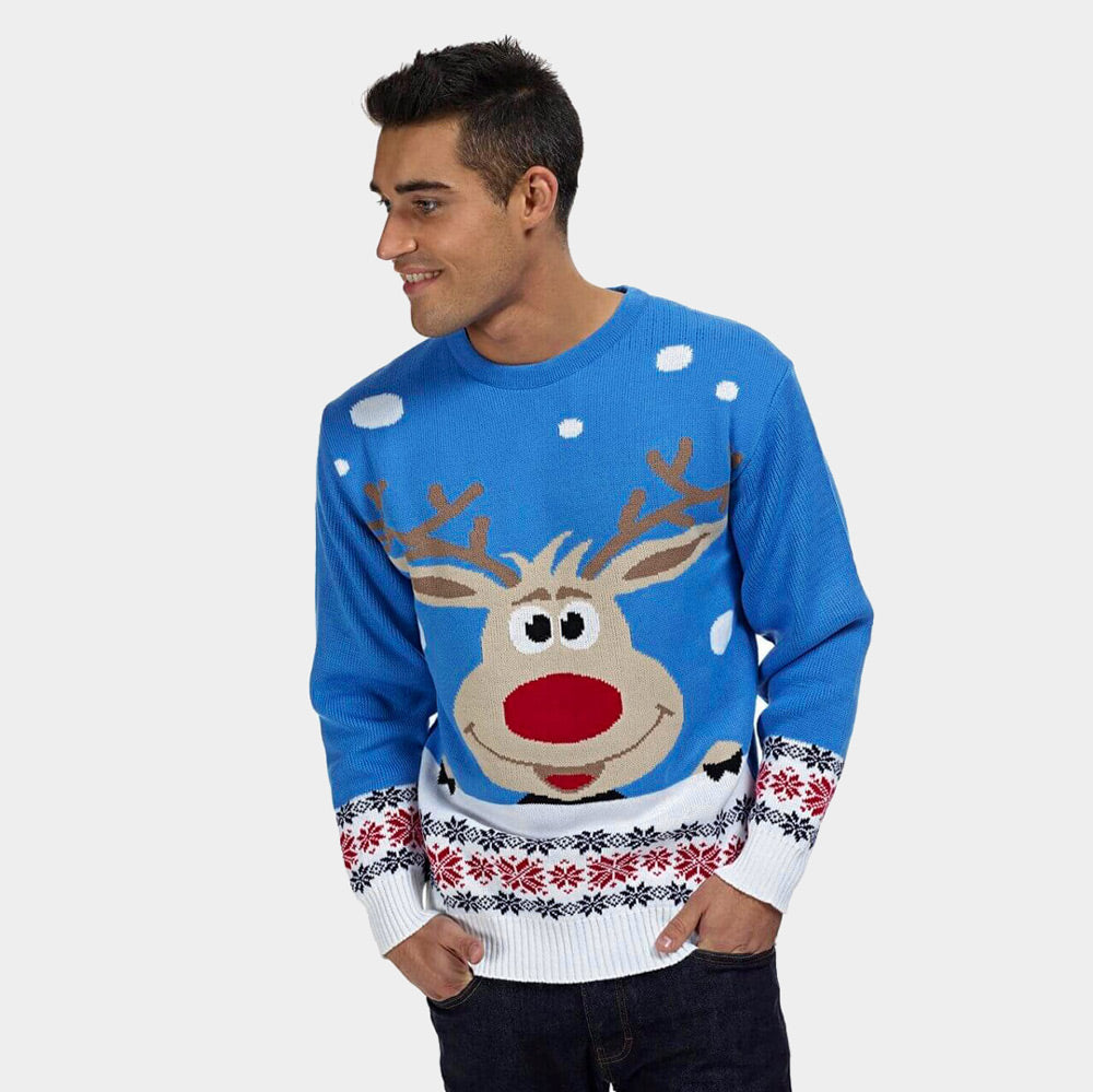 Suéter de Navidad para Familia Azul Claro con Reno y Nieve Hombre