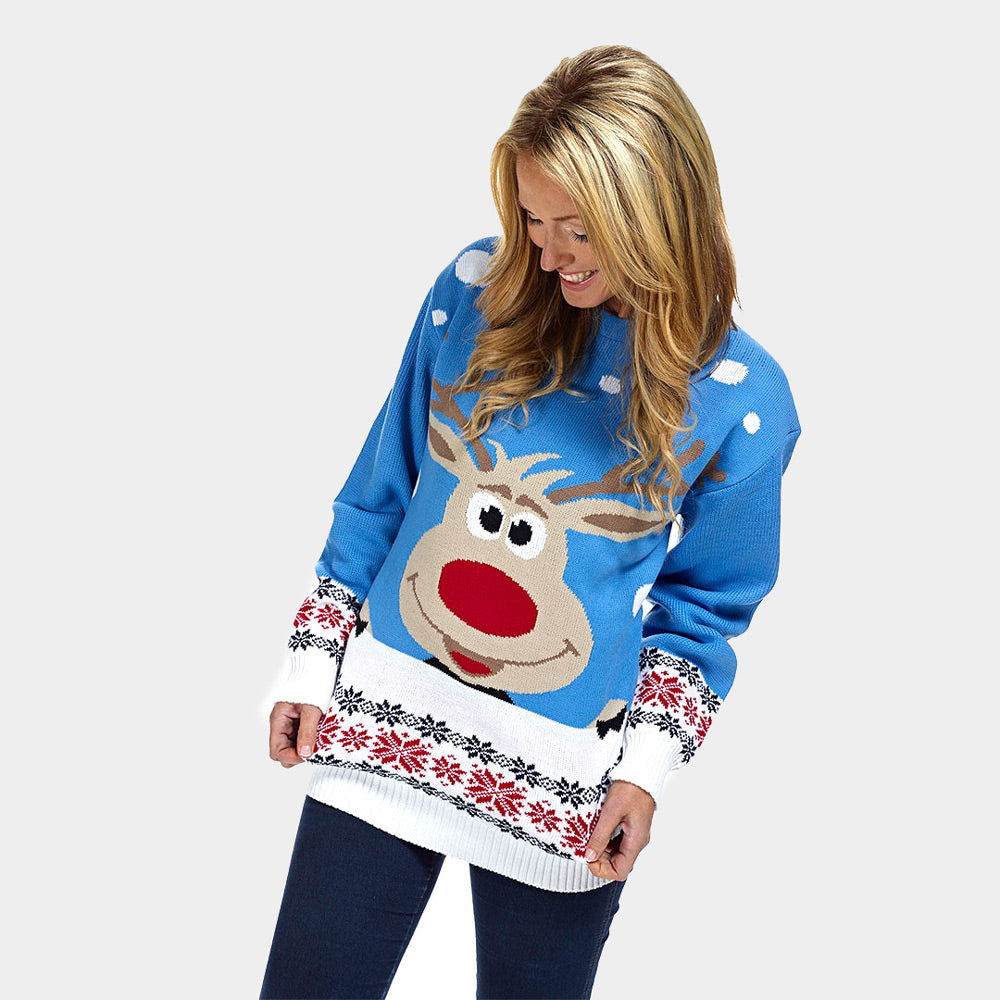 Suéter de Navidad para Familia Azul Claro con Reno y Nieve Mujer