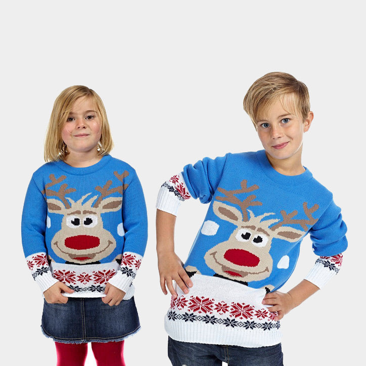 Suéter de Navidad para Familia Azul Claro con Reno y Nieve