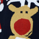 Suéter de Navidad para Familia Azul Papá Noel y Reno Rudolph Detalle
