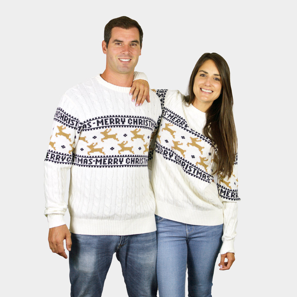 Suéter de Navidad para Familia Elegante Blanco con Renos Algodón Orgánico parejas