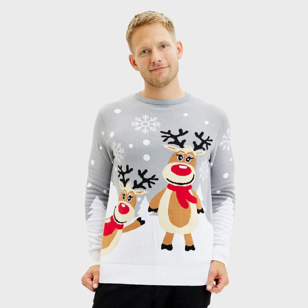 Suéter de Navidad para Familia Gris con Renas Cute Hombre