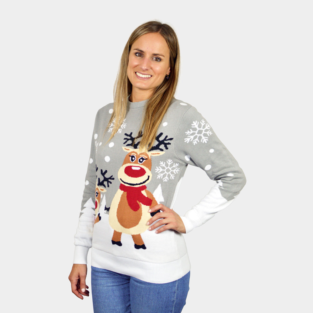 Suéter de Navidad para Familia Gris con Renas Cute Mujer