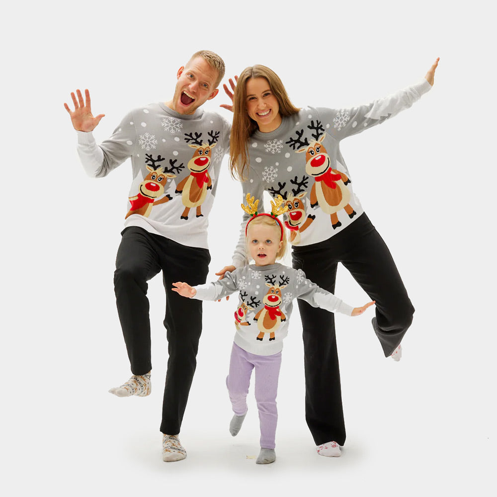 Suéter de Navidad para Familia Gris con Renas Cute