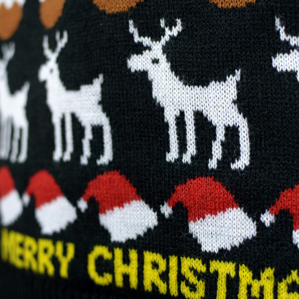 Suéter de Navidad para Familia Negro con Árboles, Renos y Regalos Detalle Christmas