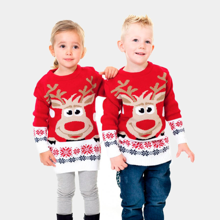 Suéter de Navidad para Familia Rojo con Reno Rudolph Niña y Niño