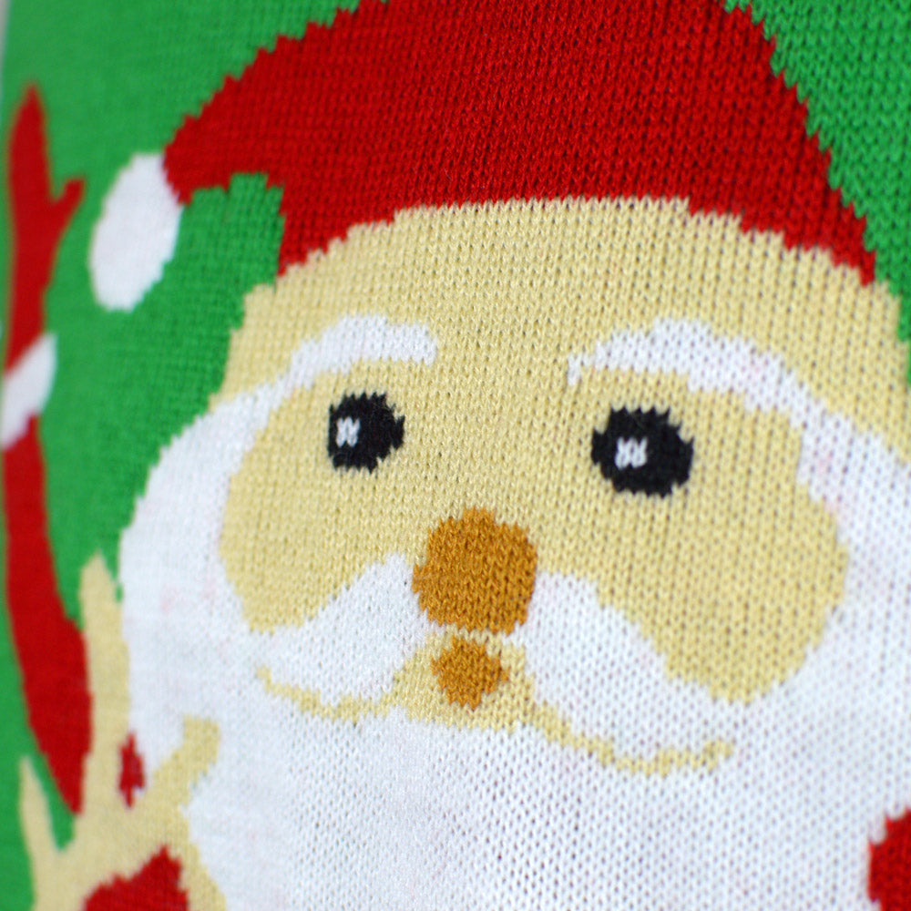 Suéter de Navidad para Familia Rojo con Santa Claus y Reno Saludando Detalle