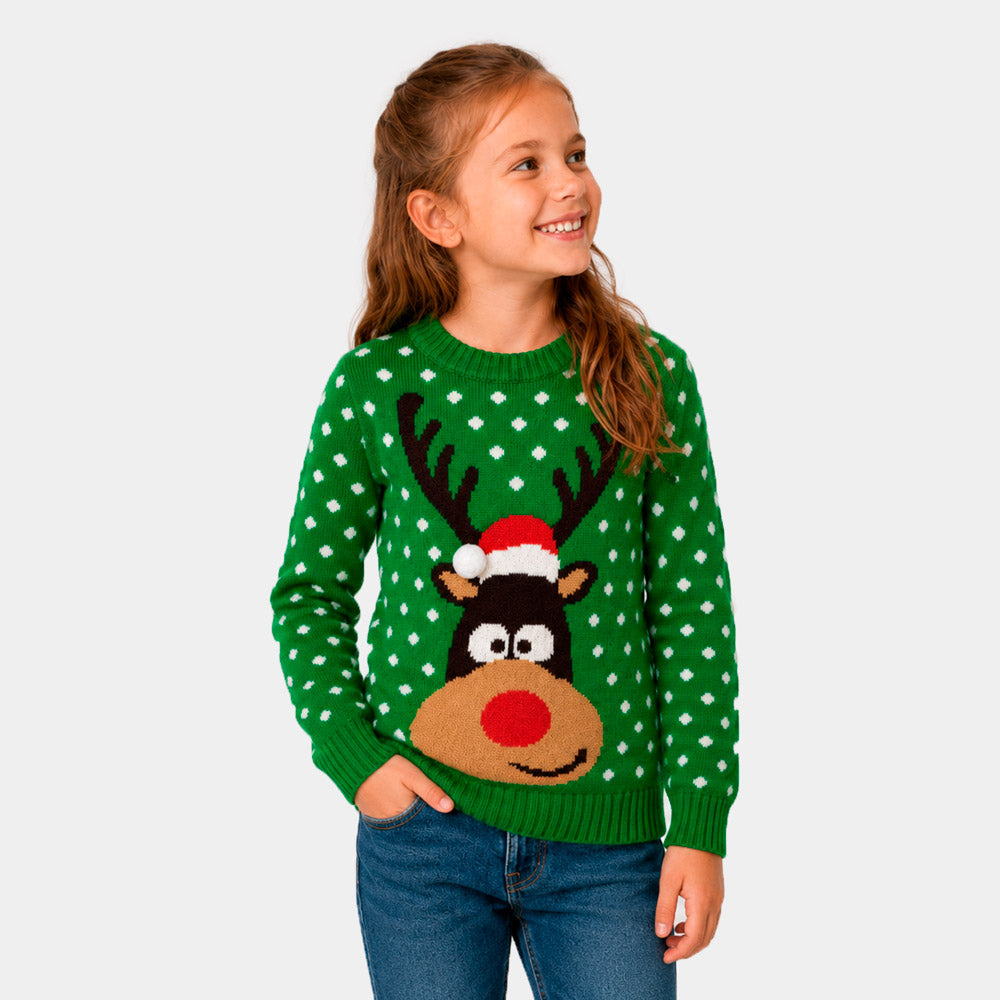 Suéter de Navidad para Familia Verde Reno con Gorro en 3D Niña
