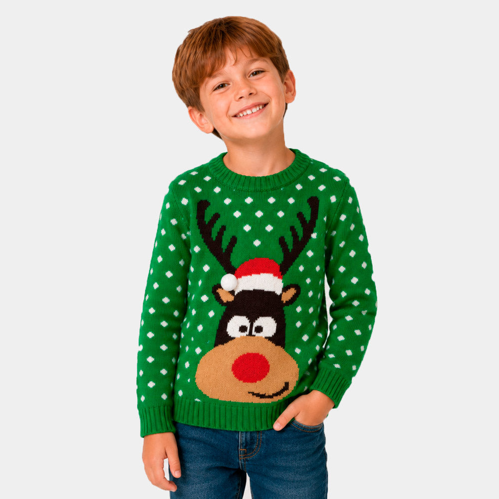 Suéter de Navidad para Familia Verde Reno con Gorro en 3D Niño
