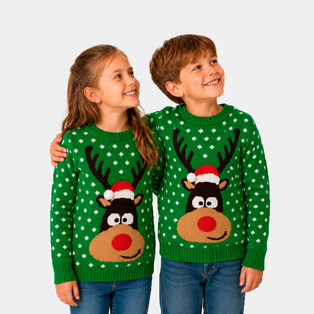 Suéter de Navidad para Familia Verde Reno con Gorro en 3D Ninos