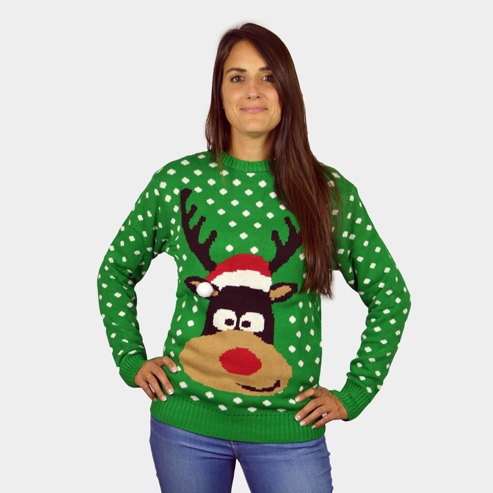 Suéter de Navidad para Familia Verde Reno con Gorro en 3D Mujer