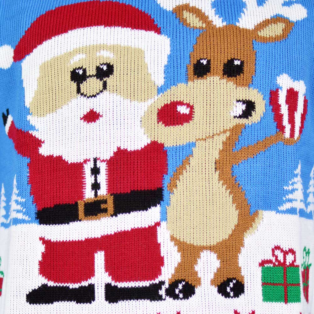 sueter de Navidad para Hombre Azul Claro Reno y Papá Noel Detalle