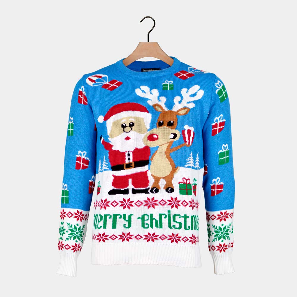 sueter de Navidad para Hombre Azul Claro Reno y Papá Noel