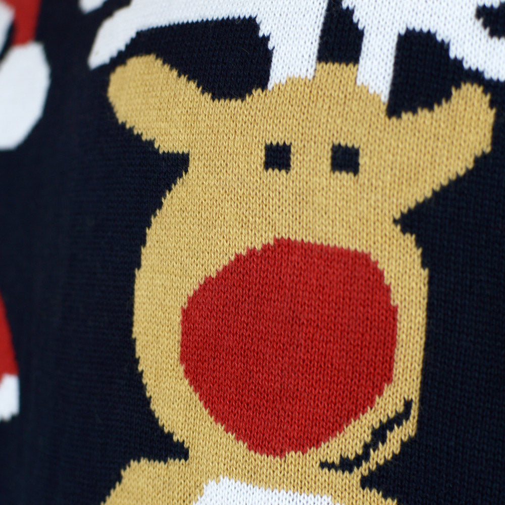 Suéter de Navidad para Hombre Azul Papá Noel y Reno Rudolph Detalle