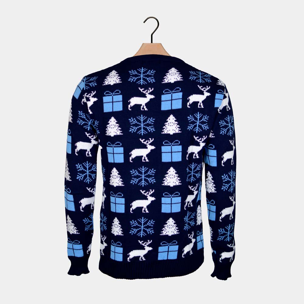 sueter de Navidad para Hombre Azul con Renos, Regalos y Pinos Espalda