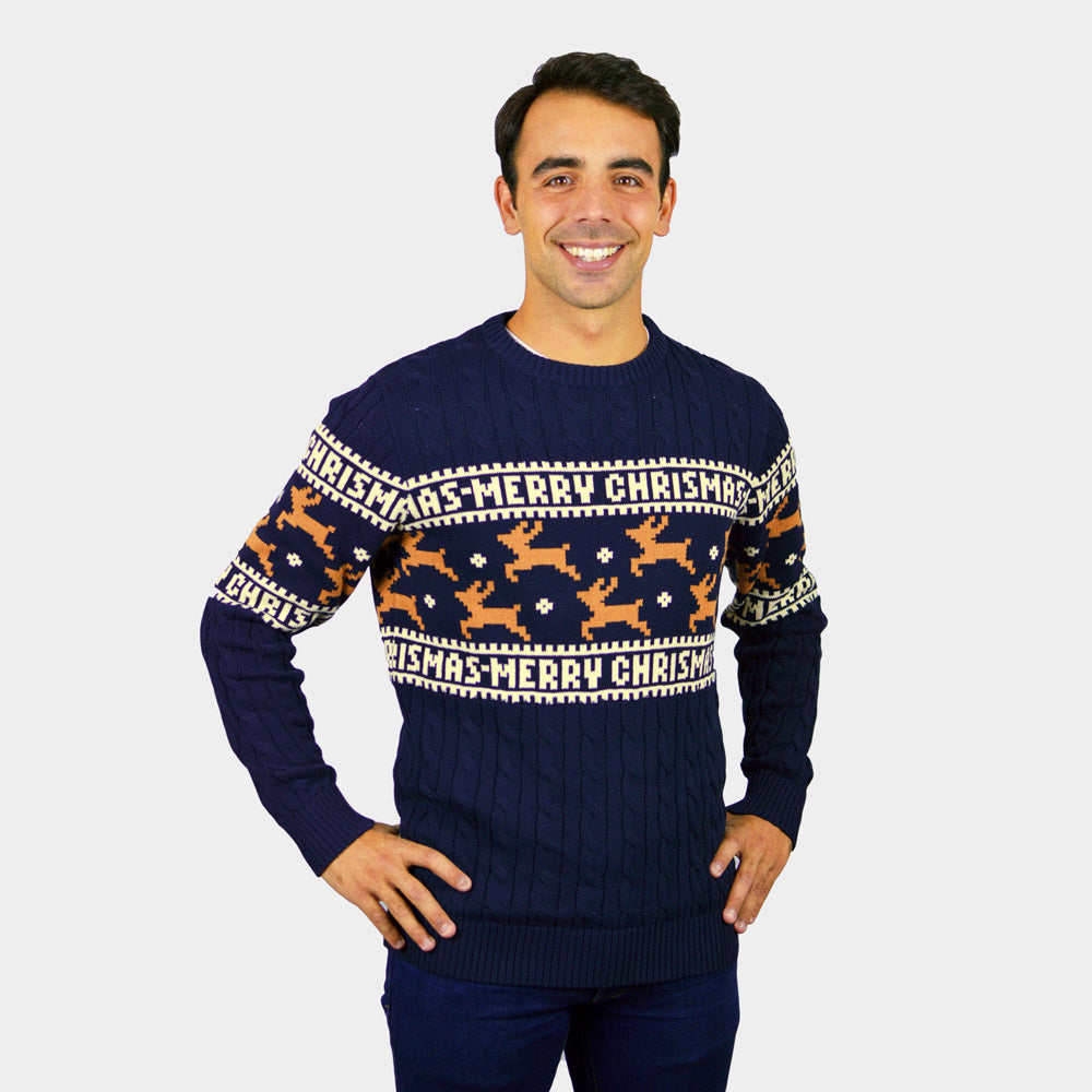 Suéter de Navidad para Hombre Elegante Azul con Renos Merry Christmas