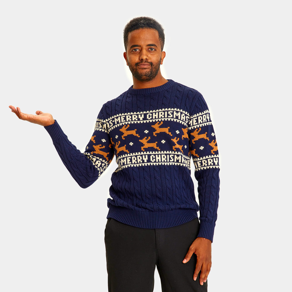 Suéter de Navidad Hombre Elegante Azul con Renos