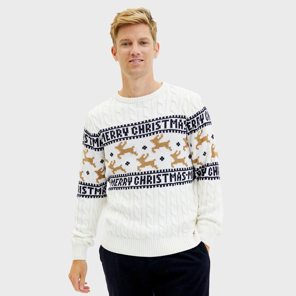 Suéter de Navidad Hombre Elegante Blanco Renos Algodón Orgánico
