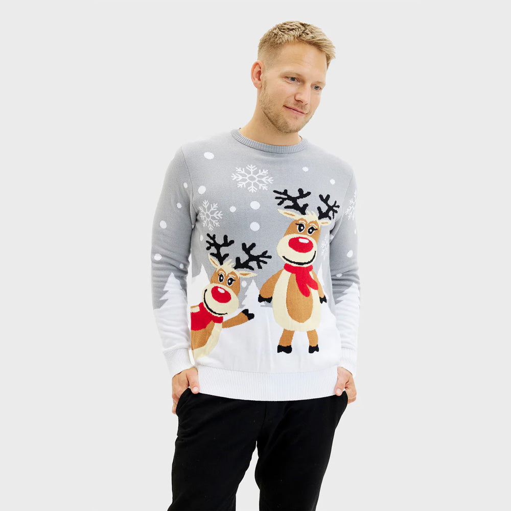 Suéter de Navidad para Hombre Gris con Renas Cute
