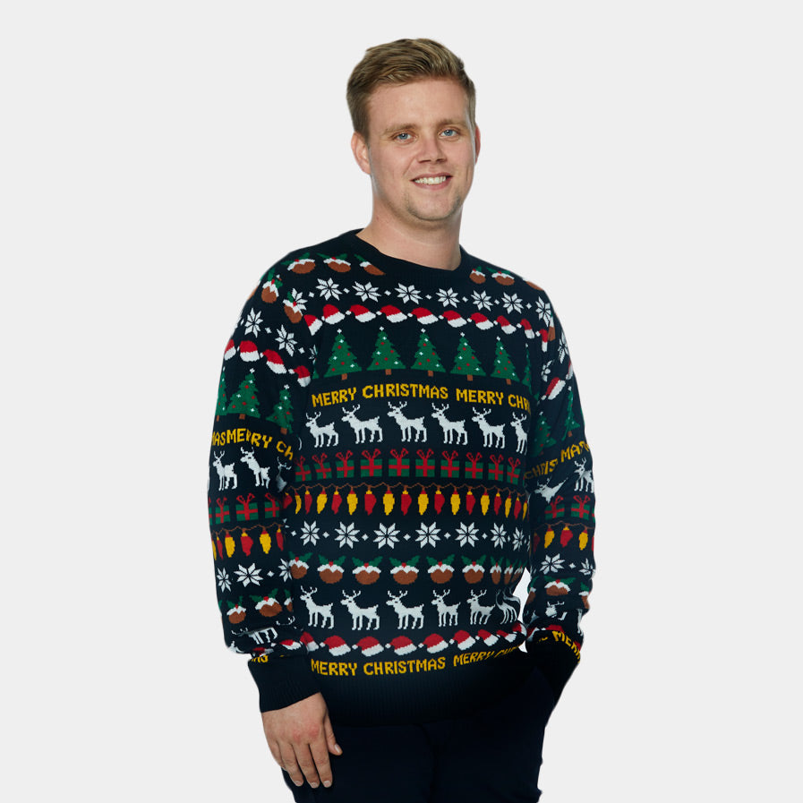 Suéter de Navidad para Hombre Negro con Árboles, Renos y Regalos
