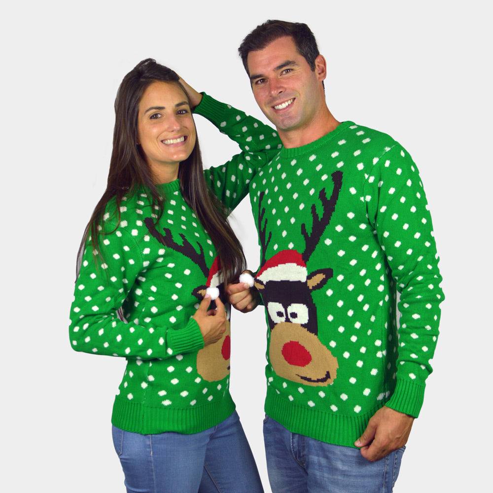 Suéter de Navidad para Hombre Verde Reno con Gorro en 3D parejas